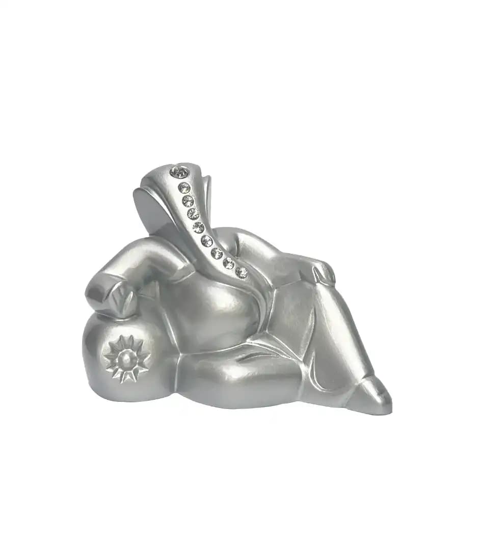 Glossy Metallic Silver Finish Sitting Lord Ganesha Idol Statue with Stone Work | Decorative Ganesh Murti for Car Dashboard, Home & Office