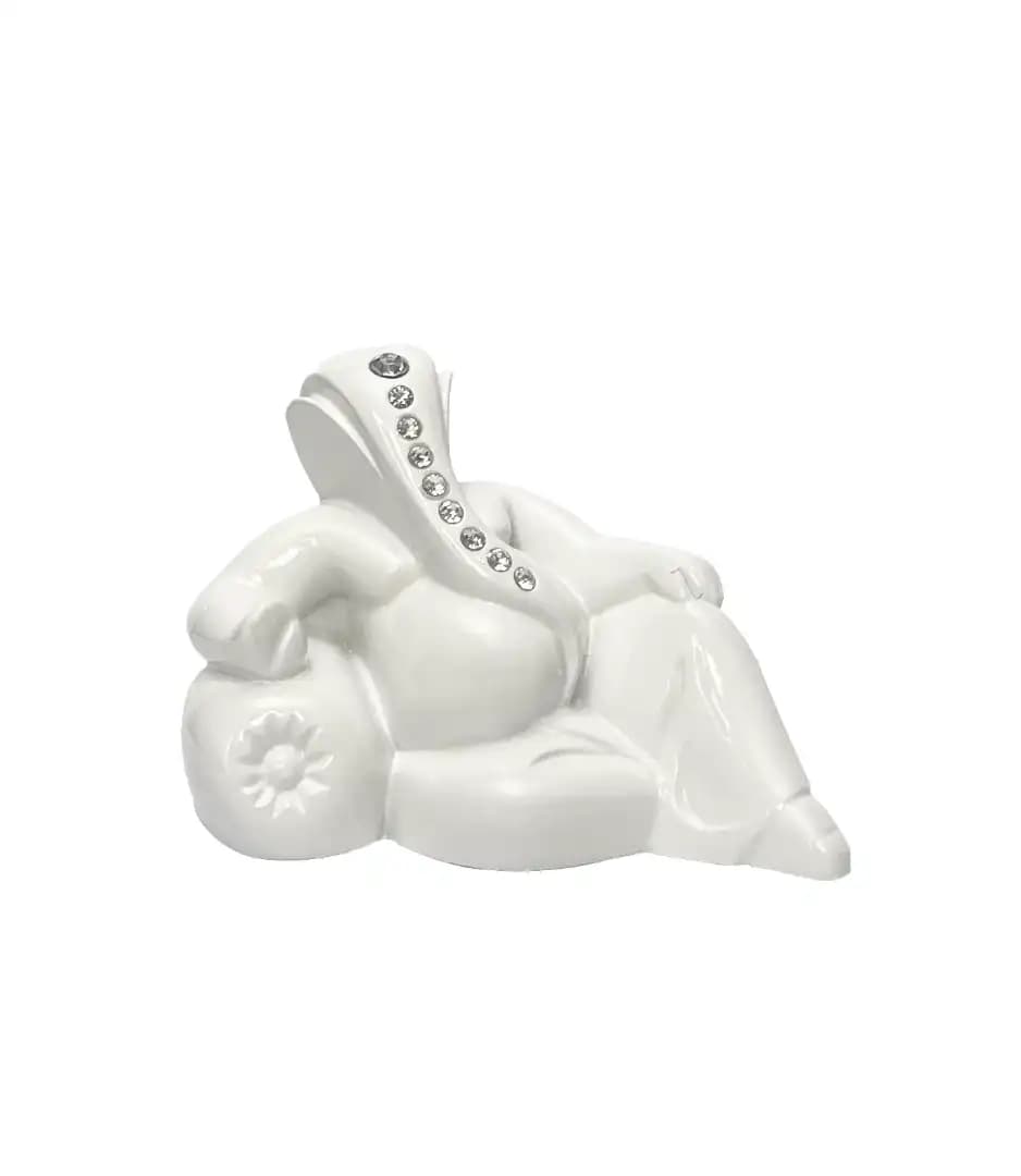 Glossy Pearl Finish Sitting Lord Ganesha Idol Statue with Stone Work | Decorative Ganesh Murti for Car Dashboard, Home & Office