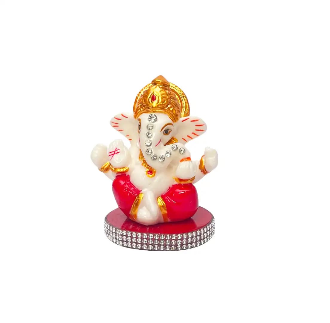 Glossy Marble Finish Lord Ganesha on Pedestal Idol Statue – Red with Stone Work | Decorative Ganesh Murti for Car Dashboard, Home & Office