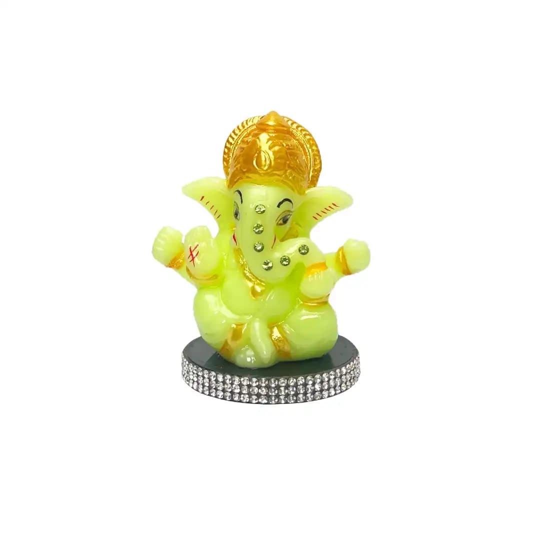 Radium Glossy Marble Finish Lord Ganesha on Pedestal Idol Statue – Fluorescent Green with Stone Work | Decorative Ganesh Murti for Car Dashboard, Home & Office