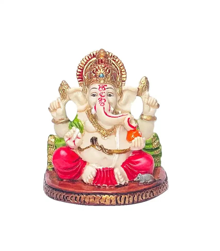 Colourful Lord Ganesha Idol Statue – Red & Green Glossy Finish | Decorative Ganesh Murti for Car Dashboard, Home & Office