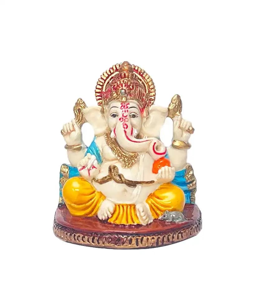 Colourful Lord Ganesha Idol Statue – Yellow & Blue Glossy Finish | Decorative Ganesh Murti for Car Dashboard, Home & Office