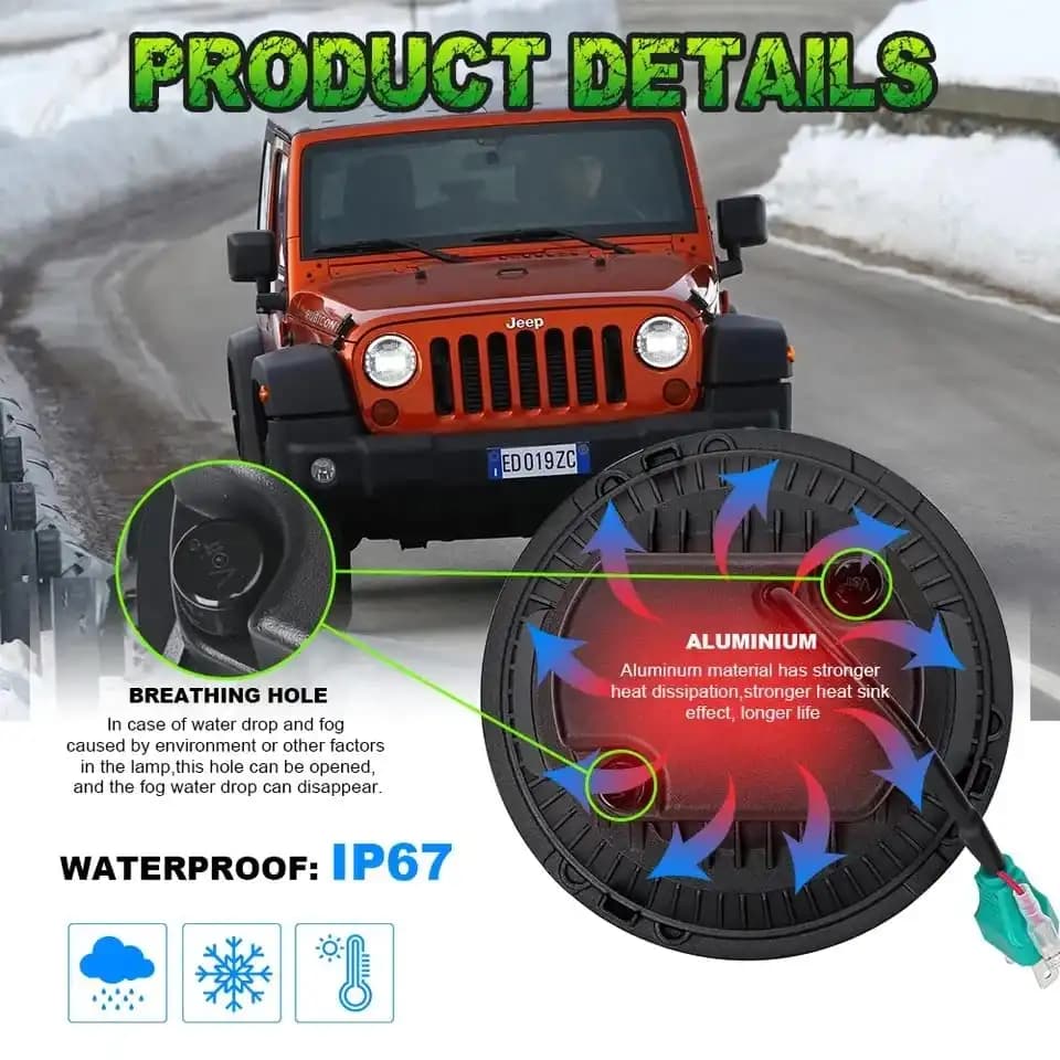 King Kong 7-Inch LED Headlight for Mahindra Thar with DRL High & Low Beam - Image 8 of 11