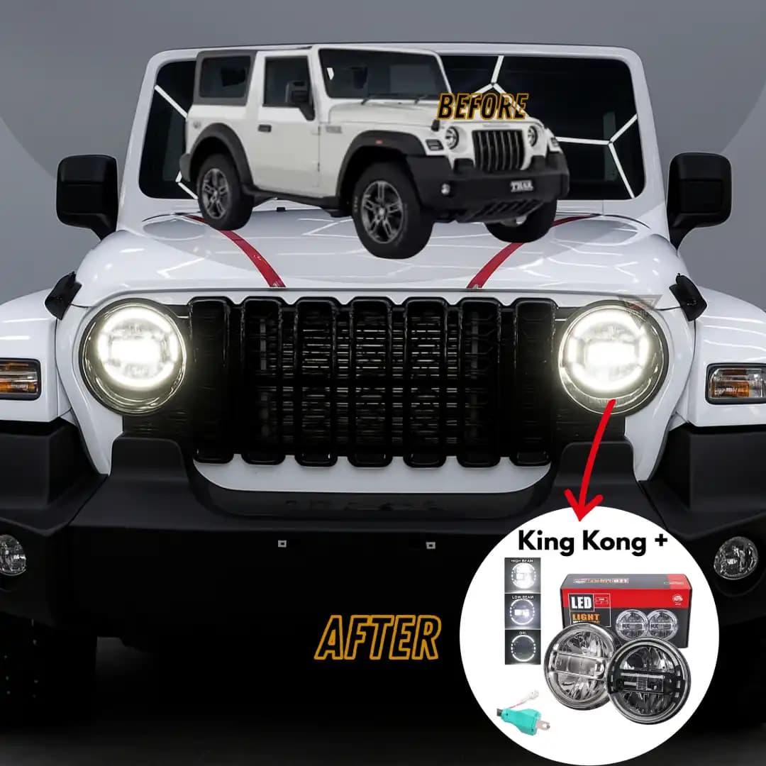 King Kong 7-Inch LED Headlight for Mahindra Thar with DRL High & Low Beam - Image 11 of 11